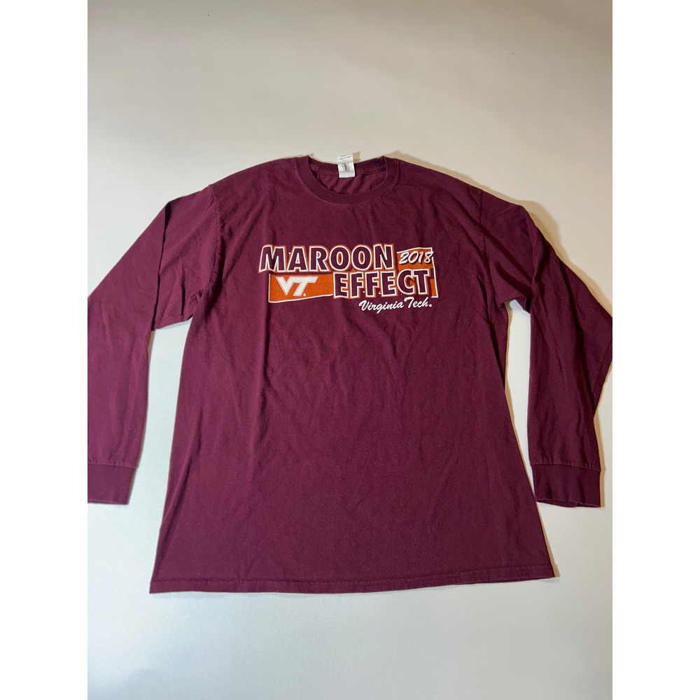 Gildan T-Shirt Mens Large Maroon Excellent Virginia Tech 2018 Maroon Effect L/S